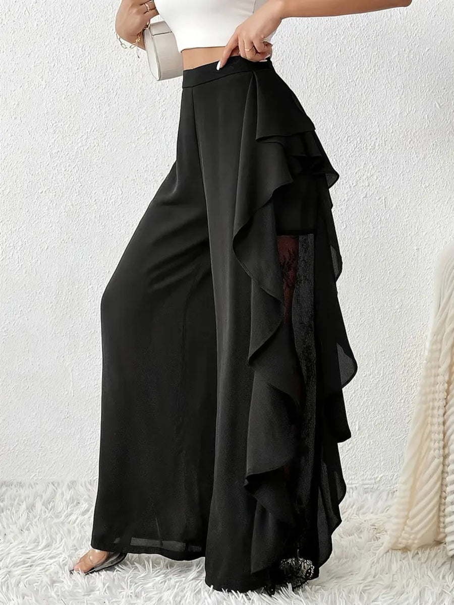 black wide-leg pants with full-length and side-zip