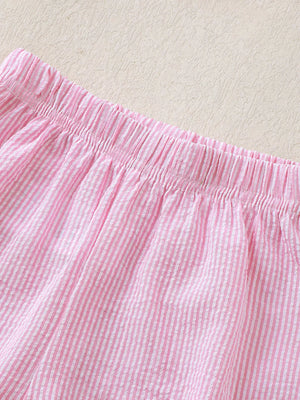 Pink and white striped cotton baby shorts with elastic waistband.