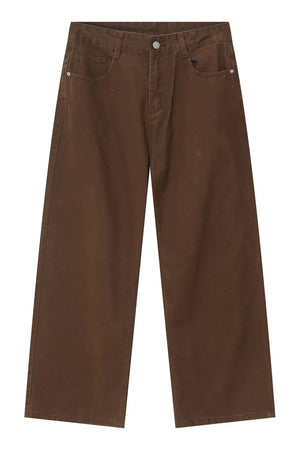 Brown wide-leg denim jeans with utility pockets and a relaxed fit.