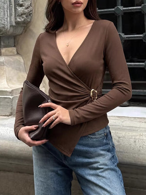 modern wrap top in chocolate brown with v-neck