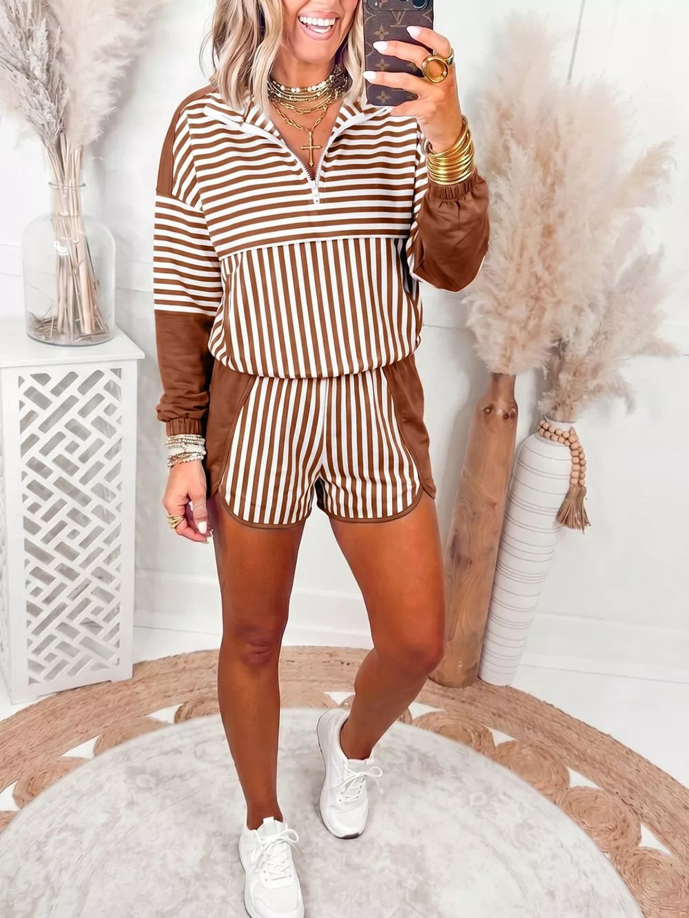 Stripe Color Block Quarter Zip Pullover Shorts Set in Dark Brown