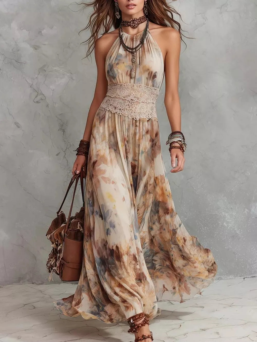 cream maxi dress with floral and halter