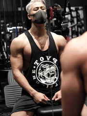 Black graphic muscle tank top with dinosaur print and racerback.