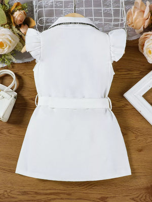 White toddler dress with ruffled sleeves, belted waist, and embellished collar.