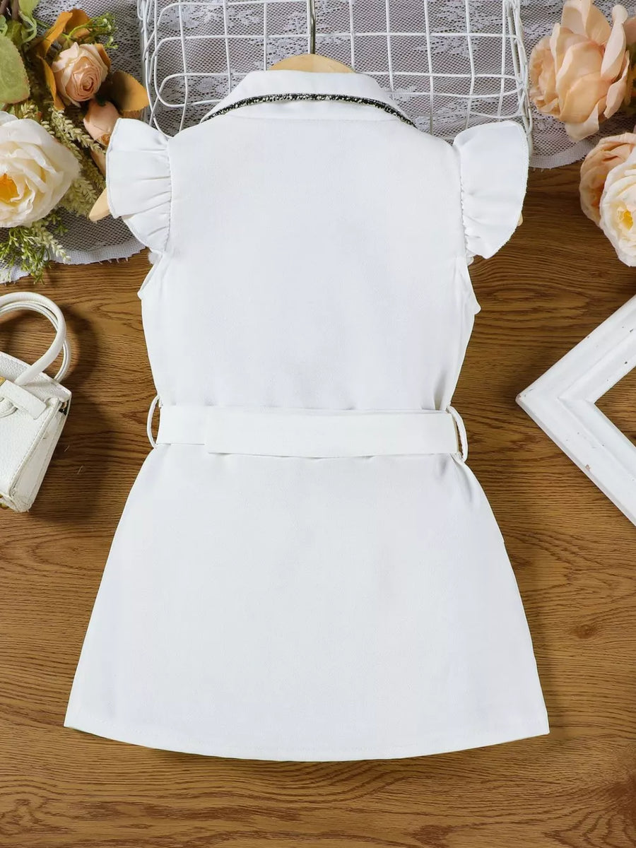 White toddler dress with ruffled sleeves, belted waist, and embellished collar.
