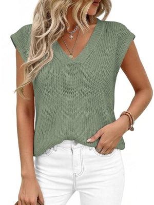 Sage green textured V-neck sweater vest with cap sleeves.