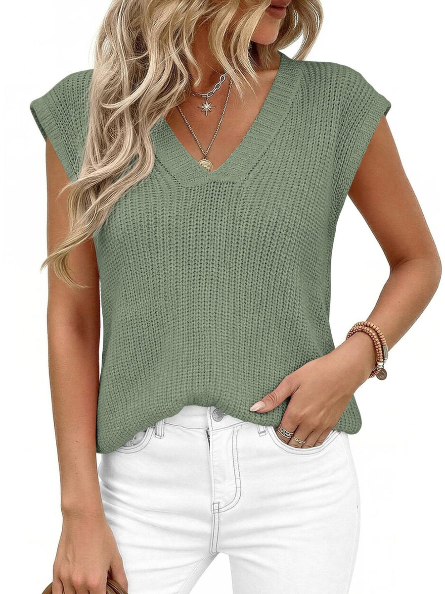 Sage green textured V-neck sweater vest with cap sleeves.