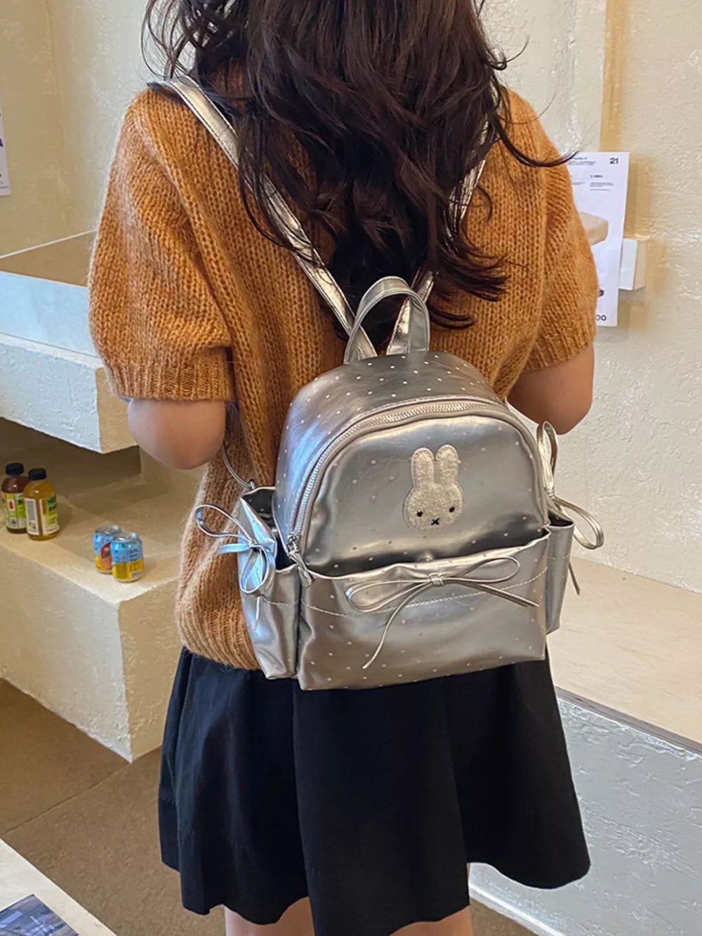 backpack in Silver with polka dot and bunny appliqué