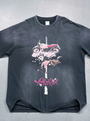 Black oversized washed graphic tee with Akira motorcycle and character print