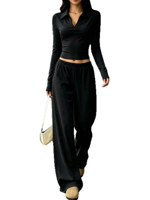 beige lounge set with elastic waist and long sleeve