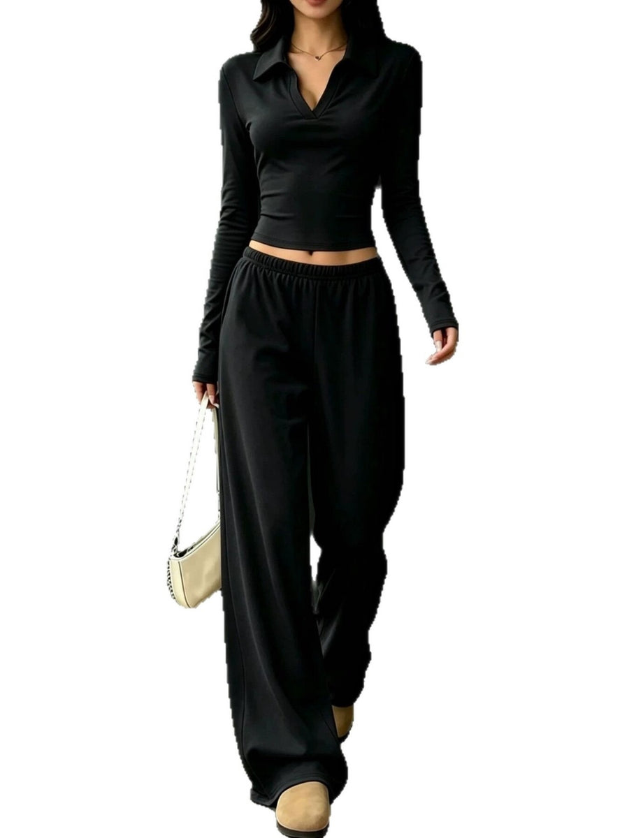 beige lounge set with elastic waist and long sleeve