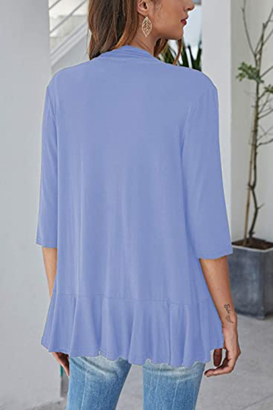 Lavender cardigan with 3/4 sleeves and asymmetrical ruffle hem