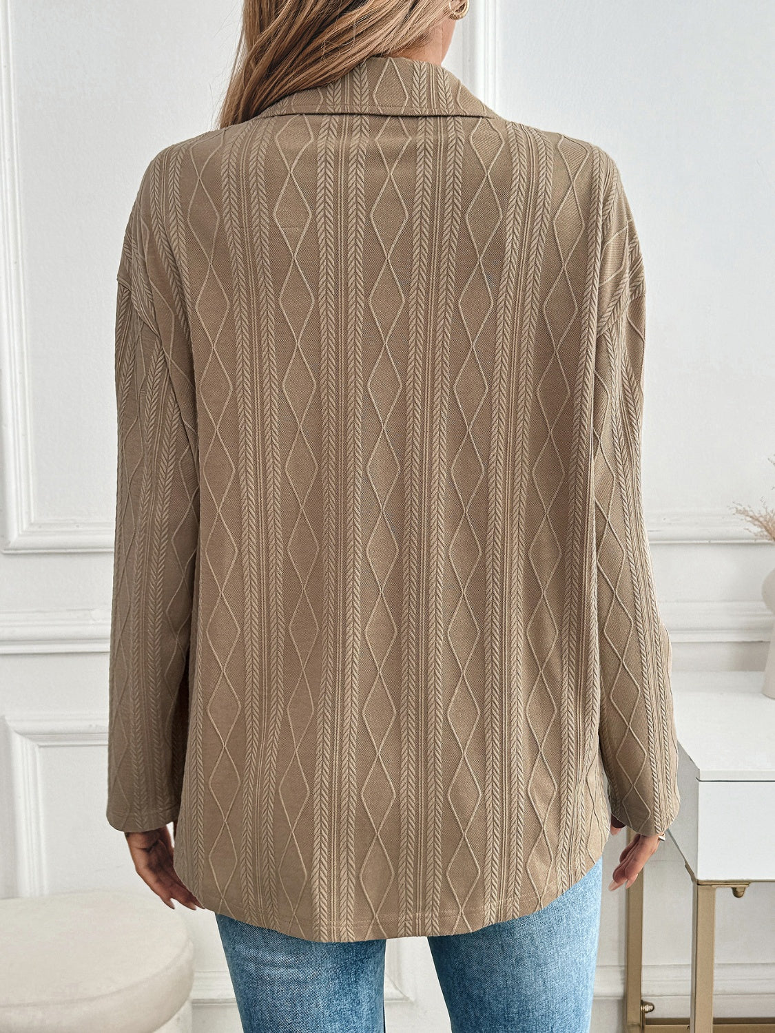 Textured diamond weave utility jacket in camel with buttoned front and collar.
