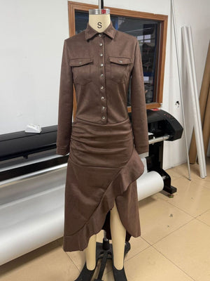 100% polyester Care instructions: Machine wash cold maxi dress in Dark Brown with fitted silhouette