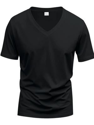 Black V-neck t-shirt with short sleeves and a modern muscle fit.