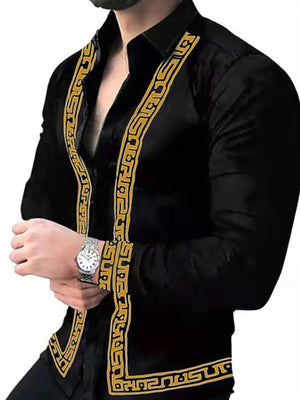 Black long sleeve shirt with gold geometric trim detail