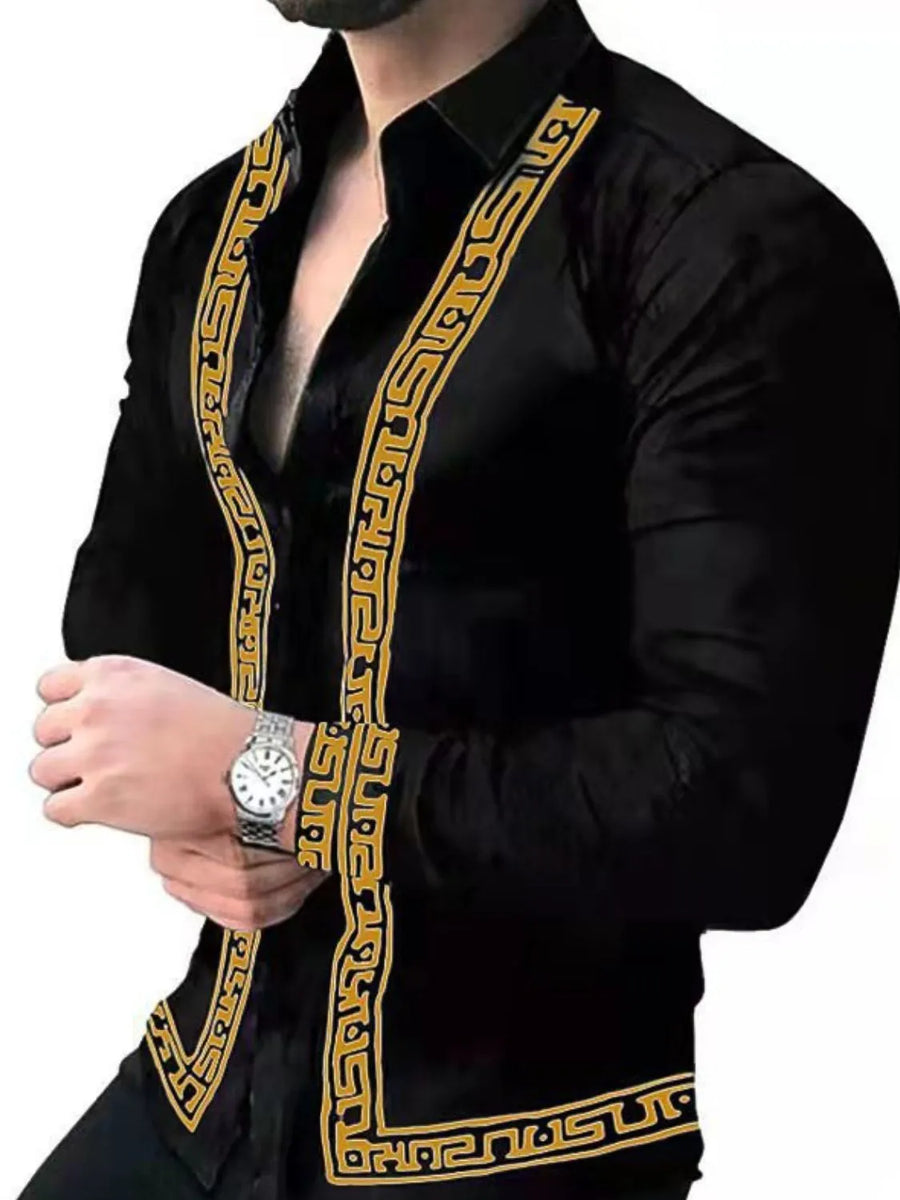 Black long sleeve shirt with gold geometric trim detail