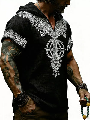 Men's Full Size Printed Hooded Short Sleeve Top in Black