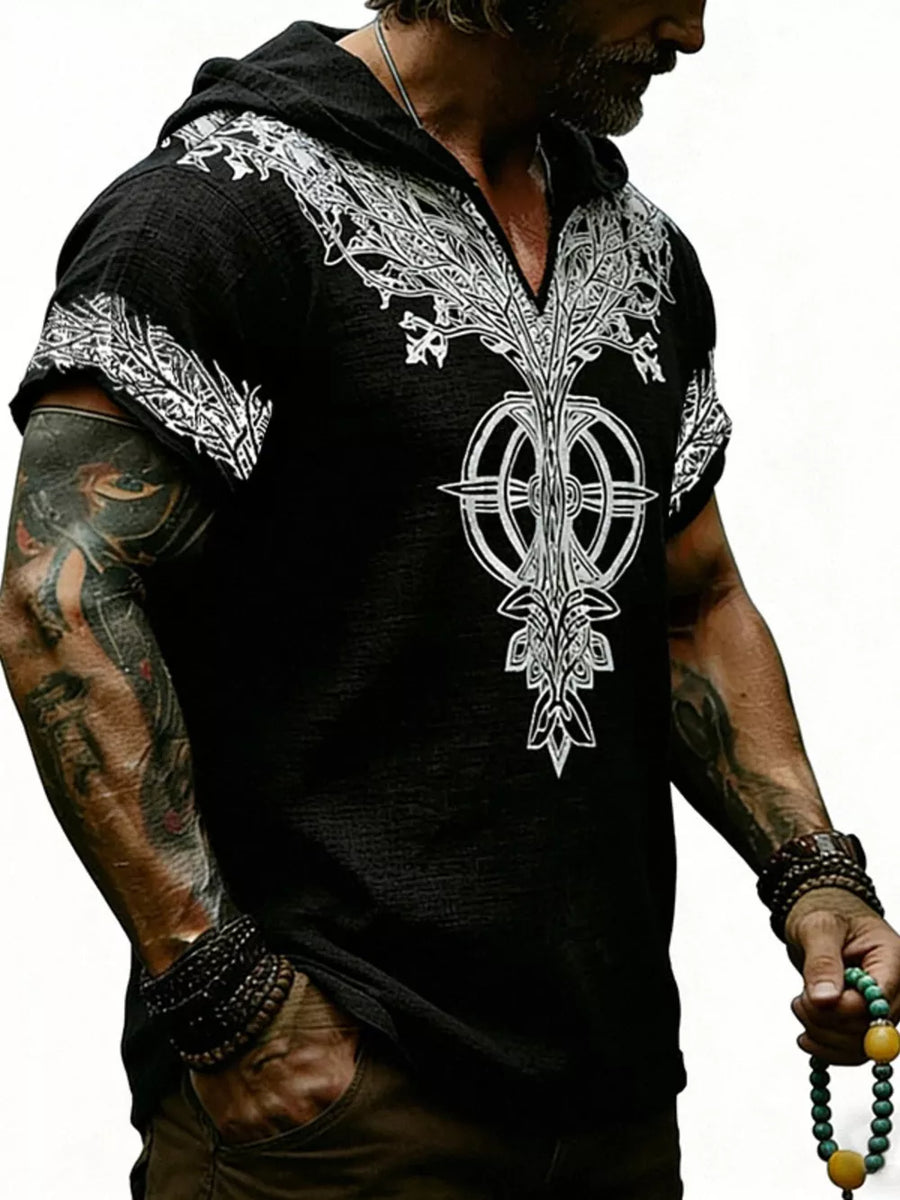 Men's Full Size Printed Hooded Short Sleeve Top in Black