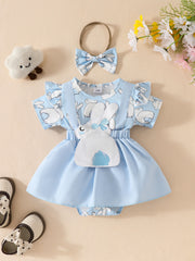 Sky blue baby dress set with bunny applique, ruffle sleeves, and matching bow headband.