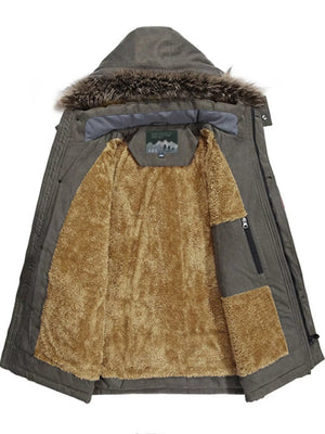 Khaki faux fur hooded parka with plush lining and zip pocket detail.