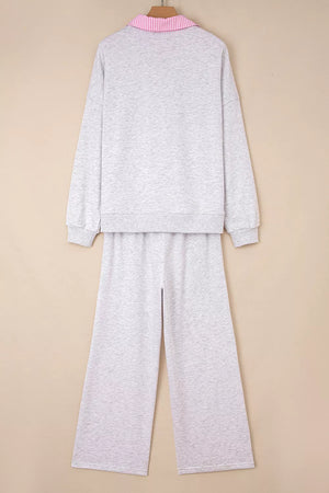 athleisure sweatshirt and sweatpants set in light gray with hooded