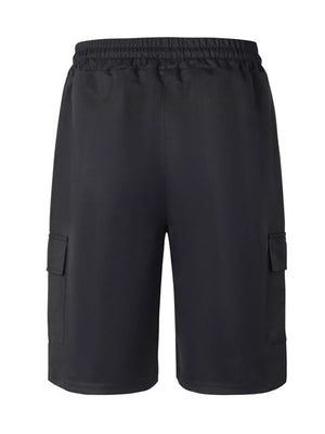 Black adjustable cargo shorts with elastic waistband and side cargo pockets.