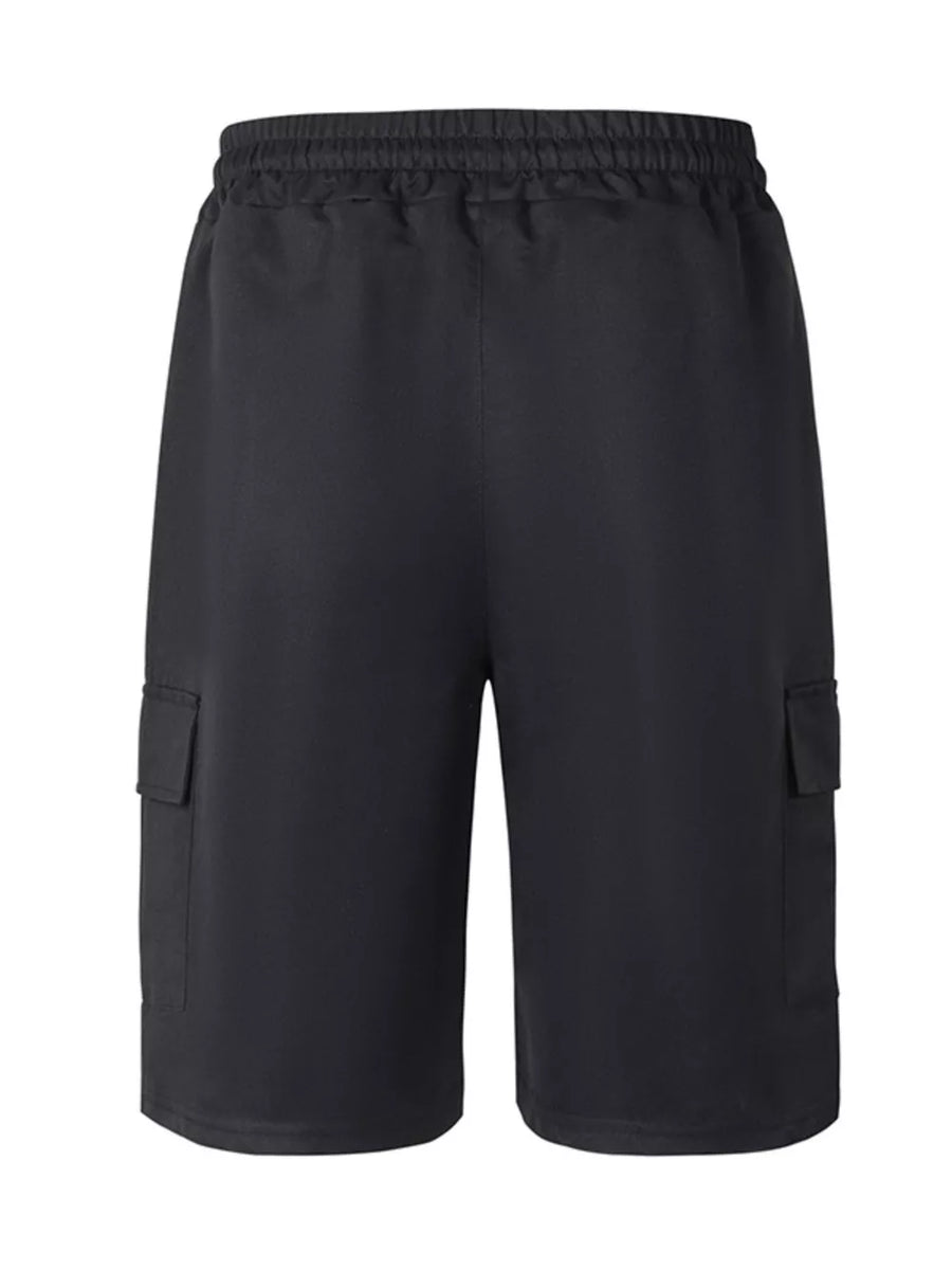 Black adjustable cargo shorts with elastic waistband and side cargo pockets.