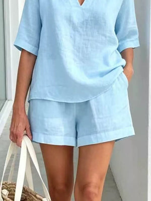 Navy Blue Full Size Half Sleeve Top And Shorts Set