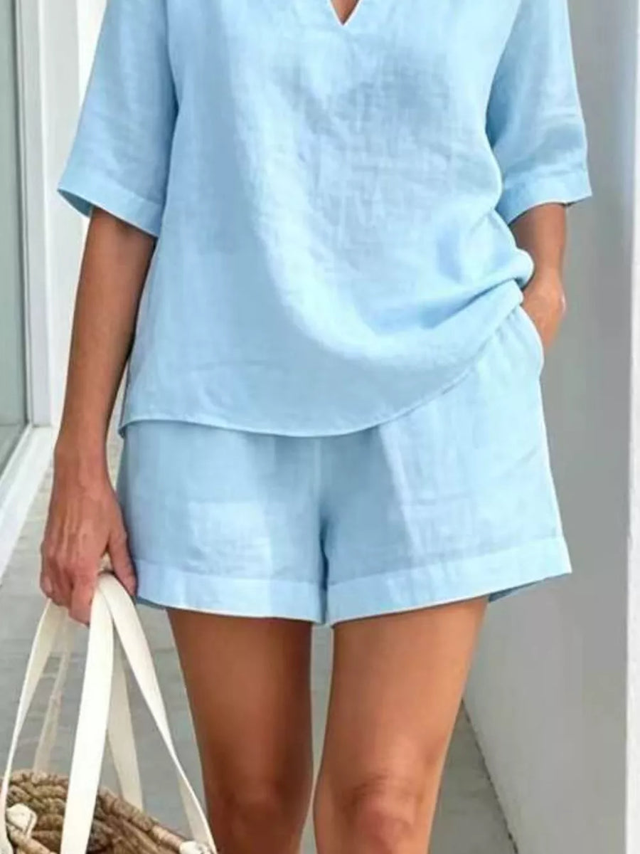 Navy Blue Full Size Half Sleeve Top And Shorts Set