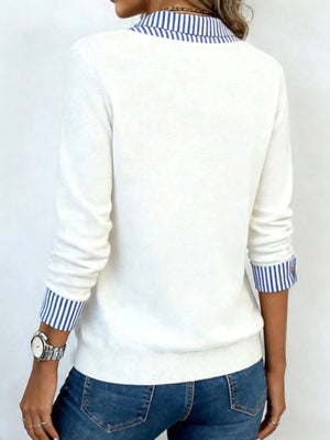royal blue pullover sweater featuring layered look and striped