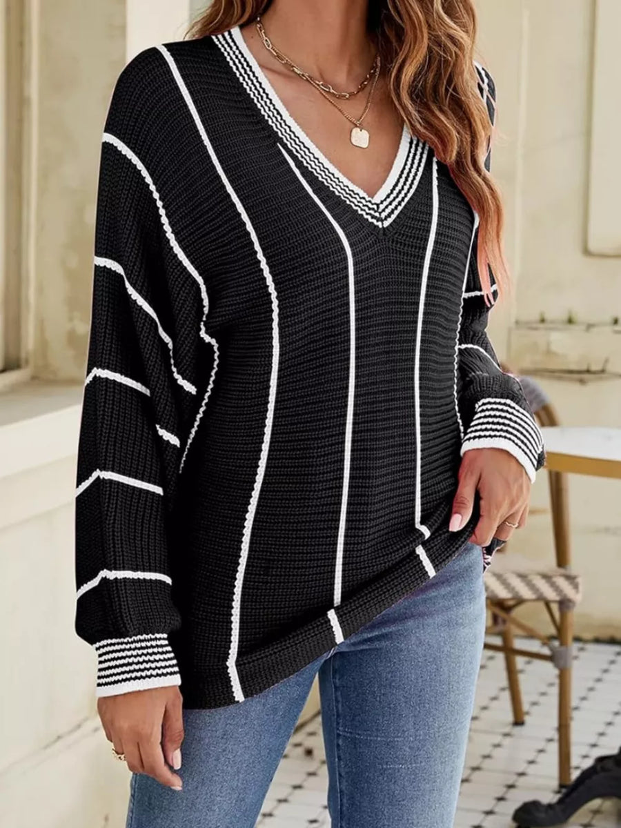 V-neck Striped Contrast Sweater in Black