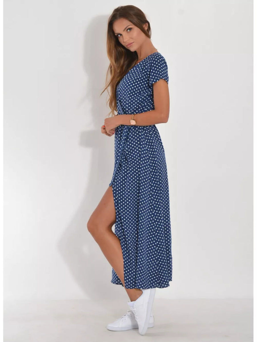 Maxi dress, navy with white polka dots, short sleeves, V-neck, high slit, cinched waist.