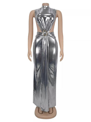 100% polyester Care instructions: Machine wash cold maxi dress in Gold with bodycon silhouette