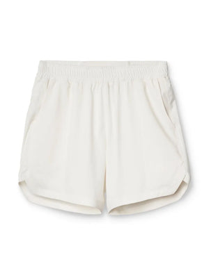 White performance drawstring running shorts with elastic waistband and side pockets.