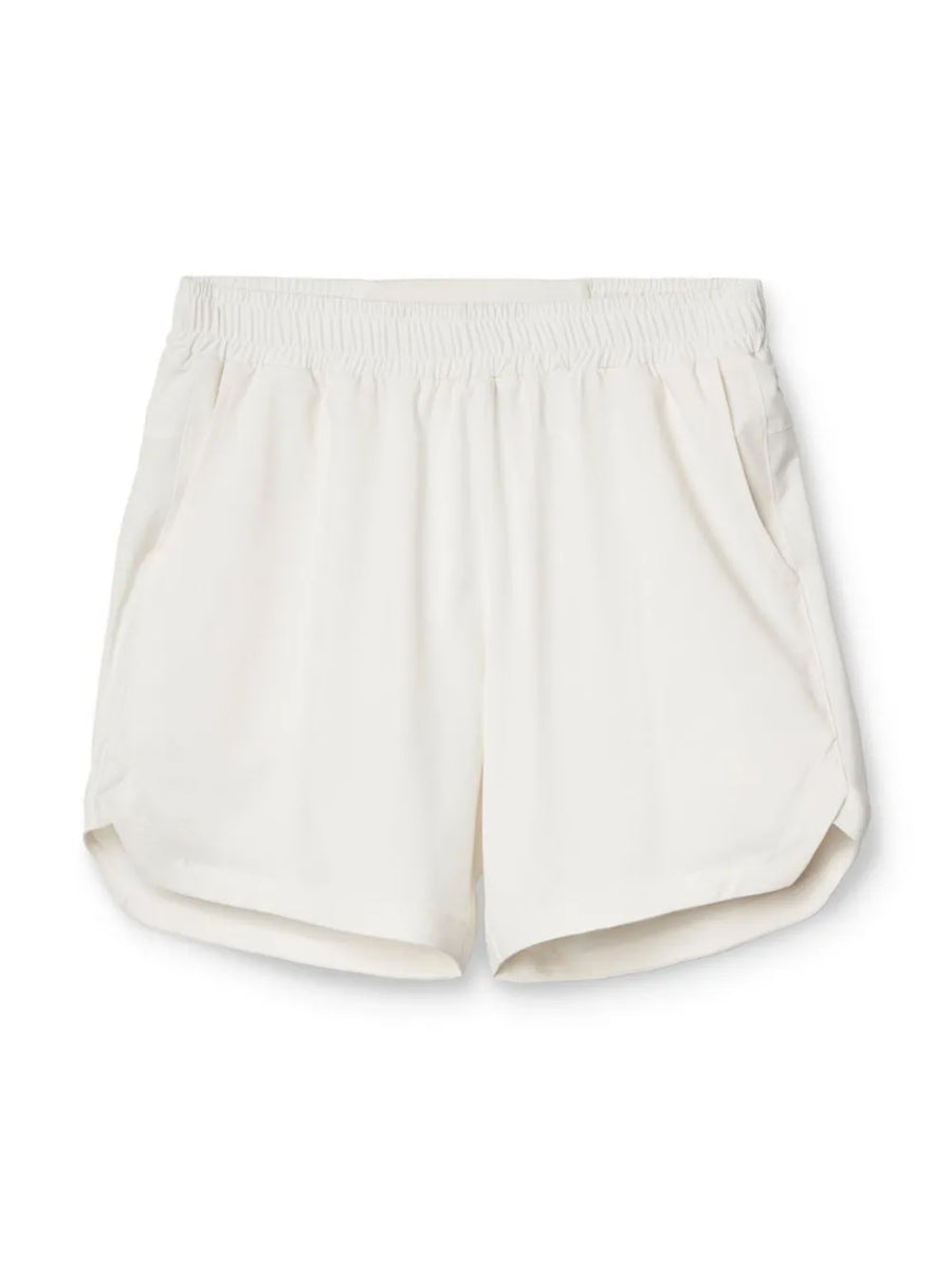 White performance drawstring running shorts with elastic waistband and side pockets.