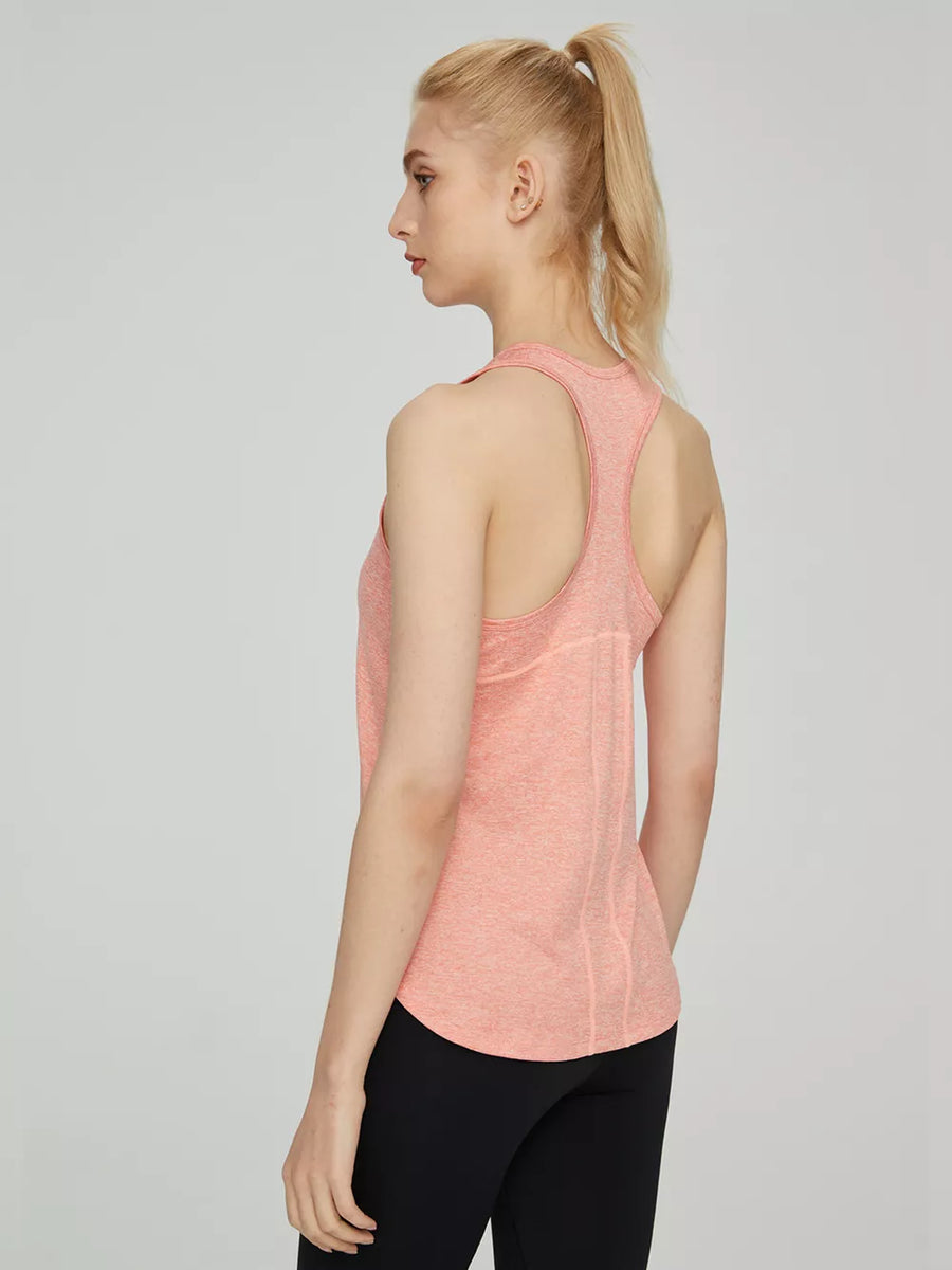 Peach marled athletic tank top with racerback and curved hem