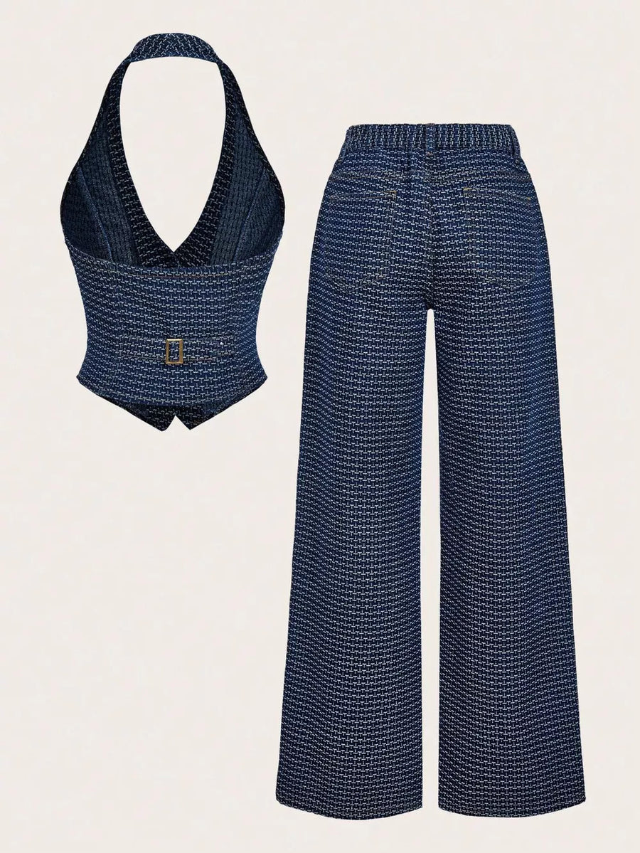Halter Neck Denim Vest And Wide-leg Jeans Set option 16