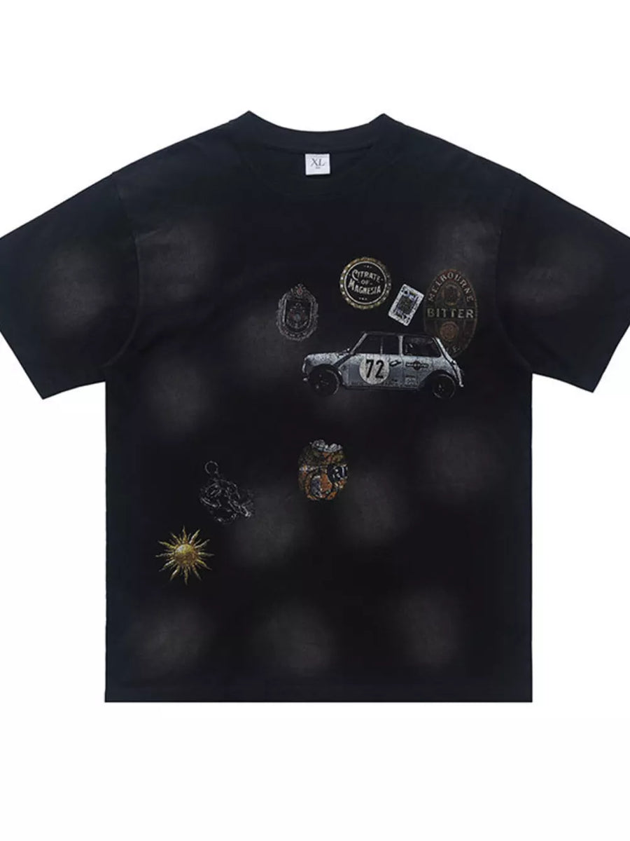 Black with Men's Vintage Graphic Round Neck T-shirt