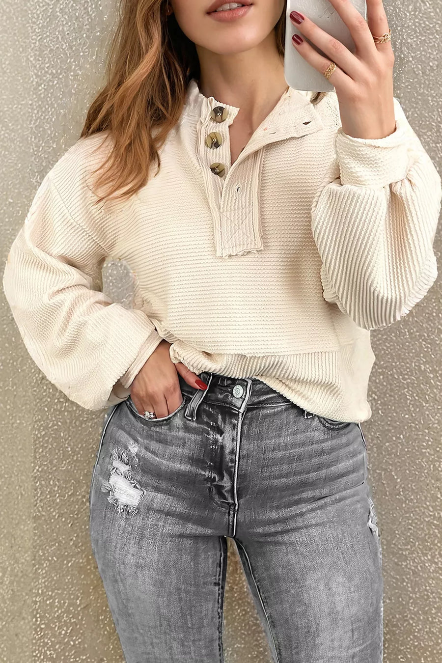 Corded Texture Lantern Sleeve Henley Sweatsuit in Ivory