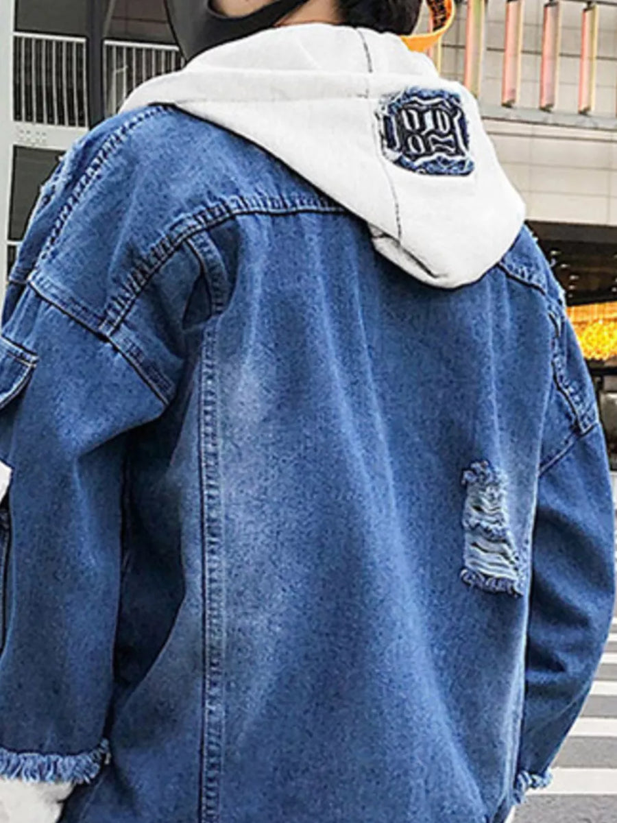 Men's Distressed Patchwork Hooded Denim Jacket in Medium