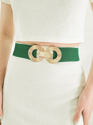 Green stretch belt with interlocking gold buckle detail