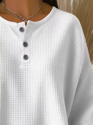White Full Size Waffle Knit Button Detail Top Plus Size