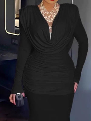 Black ruched long-sleeve maxi dress with cowl neck and deep V-neckline