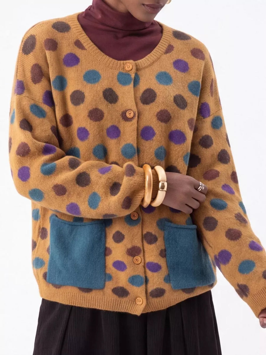 brown cardigan featuring buttoned and polka dot