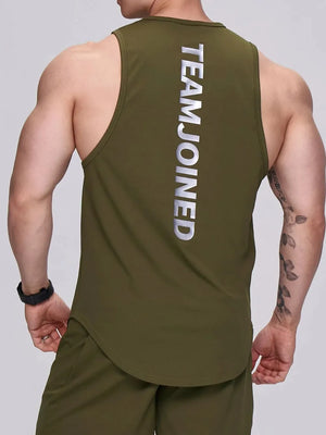 Moss green performance tank top with vertical silver TEAMJOINED text on back.