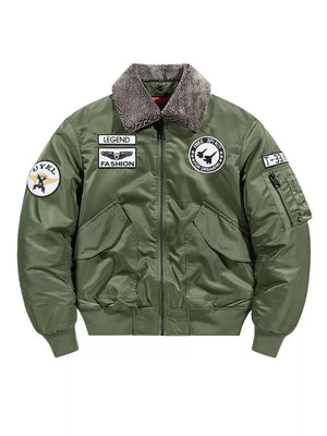 Army green bomber jacket with faux fur collar and embroidered patches.
