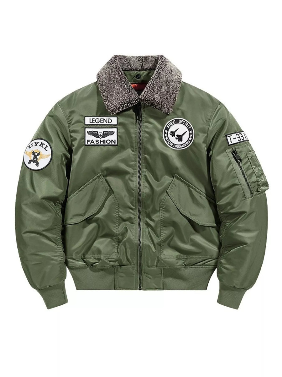 Army green bomber jacket with faux fur collar and embroidered patches.