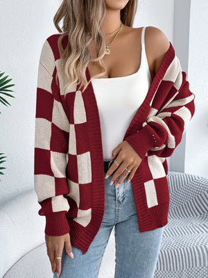 Checkerboard Pattern Open Front Knit Cardigan in cream with stretchy