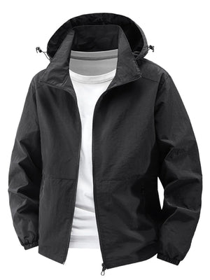 Black hooded windbreaker jacket with zip closure and adjustable hood toggles.
